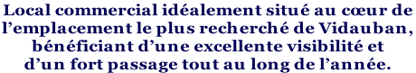 Local commercial idéalement situé au cœur de  l’emplacement le plus recherché de Vidauban,  bénéficiant d’une excellente visibilité et  d’un fort passage tout au long de l’année.